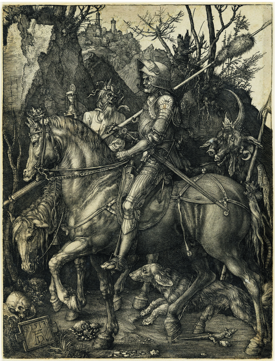 Engraving of an armored knight on a horse with a skeletal man holding an hourglass in the background.