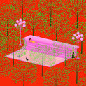 A pink couch set amongst trees with a red background.